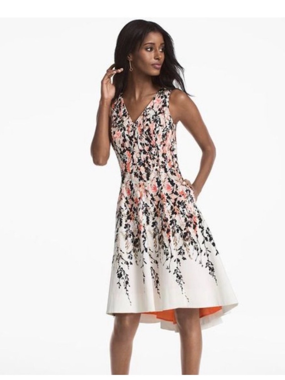 White House Black Market White Floral High-Low V-Neck Dress with Coral Accents